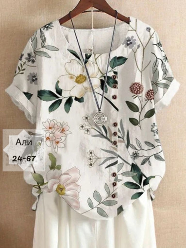 Элегантная рубашка с цветочными принтом на круглым вырезом и коротким рукавом САДОВОД официальный интернет-каталог