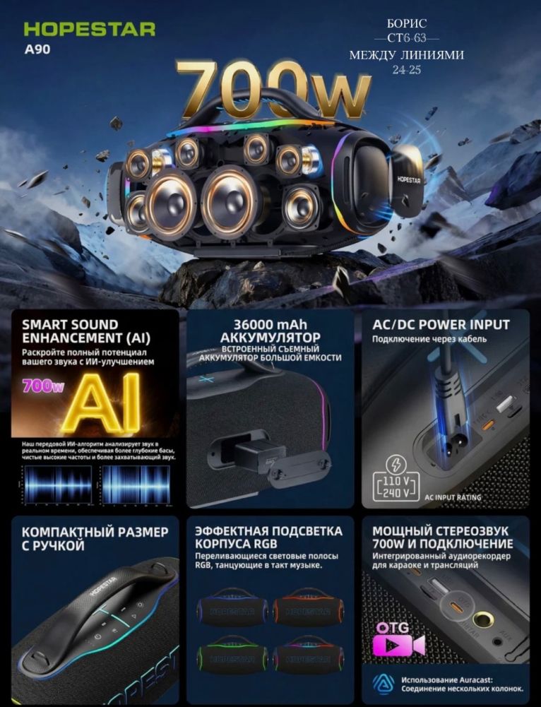 Портативная беспроводная АТМОСФЕРНАЯ колонка HOPESTAR A90 7​00 ВТ 🔷 купить в Интернет-магазине Садовод База - цена 21000 руб Садовод интернет-каталог