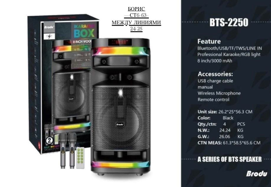Портативная колонка Brodu BTS-2250 Karaoke BOX 🔷 купить в Интернет-магазине Садовод База - цена 6000 руб Садовод интернет-каталог