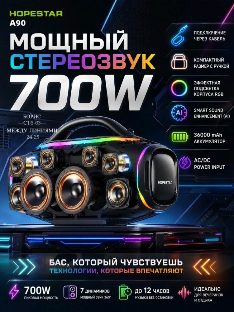 Портативная беспроводная АТМОСФЕРНАЯ колонка HOPESTAR A90 7​00 ВТ 🔷 купить в Интернет-магазине Садовод База - цена 21000 руб Садовод интернет-каталог