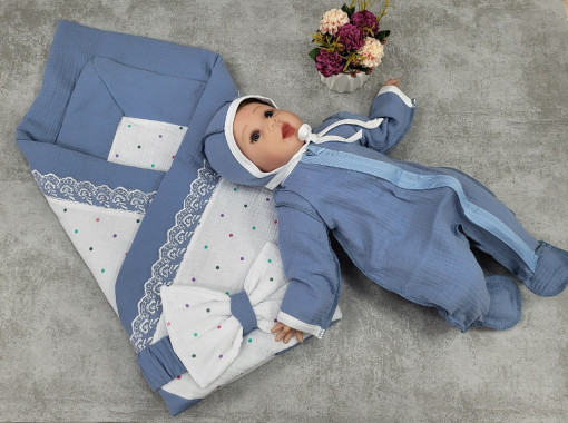✨️  Конверт на выписку из муслина 4в1 в комплекте: Одеяло на синтепоне (100г) , бант на резинке, комбинезон швы наружу С царапками на молнии  размер 56, чепчик на завязках.. САДОВОД официальный интернет-каталог